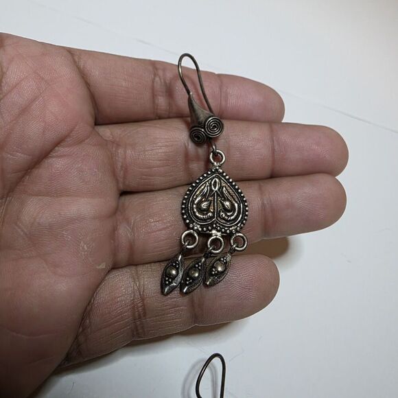 Sterling Silver 925 Ornate Design Dangle Hook Earings 2.5 Inches Long 12 Grams - Picture 2 of 5